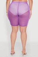Womens Plus Size Mesh High Waisted Bike Shorts with Varsity Stripe Details, Purple, Size 4X