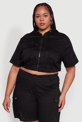 Womens Plus Stylish Zip Front Cropped Hoodie,