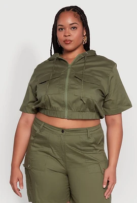 Womens Plus Stylish Zip Front Cropped Hoodie,