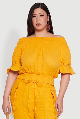 Womens Plus Size Chic Crochet Detail Off Shoulder Blouse, Yellow, Size 2X