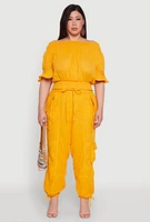 Womens Plus Size Chic Crochet Detail Off Shoulder Blouse, Yellow, Size 2X