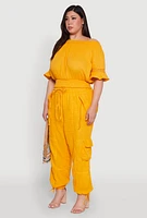Womens Plus Size Chic Crochet Detail Off Shoulder Blouse, Yellow, Size 2X