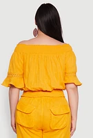 Womens Plus Size Chic Crochet Detail Off Shoulder Blouse, Yellow, Size 2X