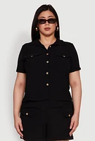 Womens Plus Crepe Knit Cargo Pocket Button Front Shirt,
