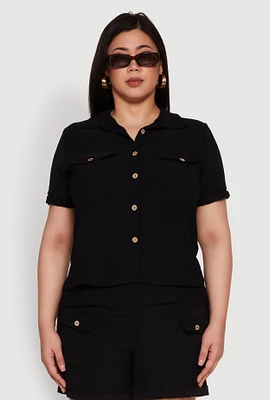 Womens Plus Crepe Knit Cargo Pocket Button Front Shirt,
