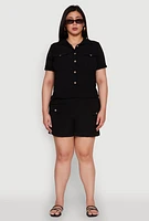 Womens Plus Crepe Knit Cargo Pocket Button Front Shirt,
