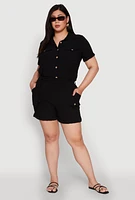 Womens Plus Crepe Knit Cargo Pocket Button Front Shirt,
