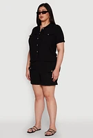 Womens Plus Crepe Knit Cargo Pocket Button Front Shirt,