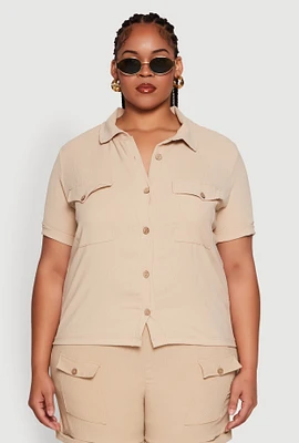 Womens Plus Size Crepe Knit Cargo Pocket Button Front Shirt, Beige, Size 3X