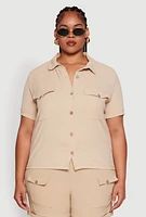 Womens Plus Size Crepe Knit Cargo Pocket Button Front Shirt, Beige, Size 3X
