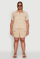 Womens Plus Size Crepe Knit Cargo Pocket Button Front Shirt, Beige, Size 3X