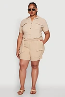 Womens Plus Size Crepe Knit Cargo Pocket Button Front Shirt, Beige, Size 3X
