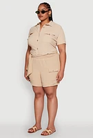Womens Plus Size Crepe Knit Cargo Pocket Button Front Shirt, Beige, Size 3X