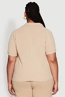 Womens Plus Size Crepe Knit Cargo Pocket Button Front Shirt, Beige, Size 3X