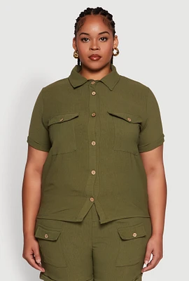 Womens Plus Size Crepe Knit Cargo Pocket Button Front Shirt, Green, Size 2X