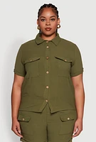 Womens Plus Size Crepe Knit Cargo Pocket Button Front Shirt, Green, Size 2X