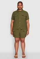 Womens Plus Size Crepe Knit Cargo Pocket Button Front Shirt, Green, Size 2X
