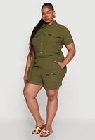 Womens Plus Size Crepe Knit Cargo Pocket Button Front Shirt, Green, Size 2X
