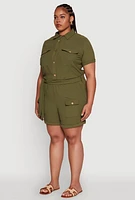 Womens Plus Size Crepe Knit Cargo Pocket Button Front Shirt, Green, Size 2X