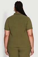Womens Plus Size Crepe Knit Cargo Pocket Button Front Shirt, Green, Size 2X