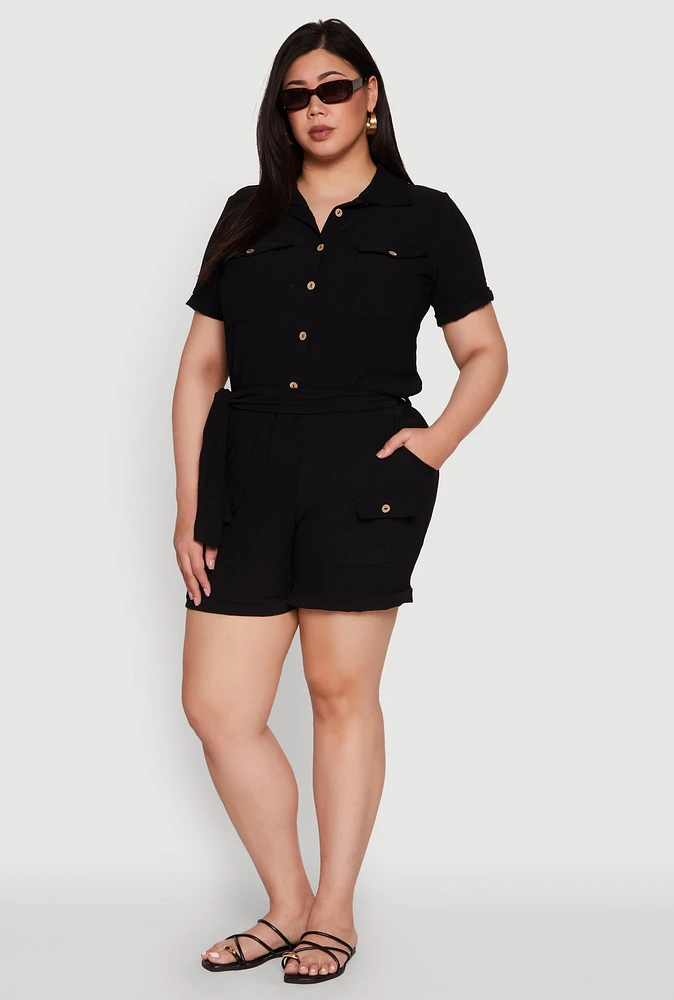 Womens Plus Fixed Cuff Shorts with Tie Waist Belt,