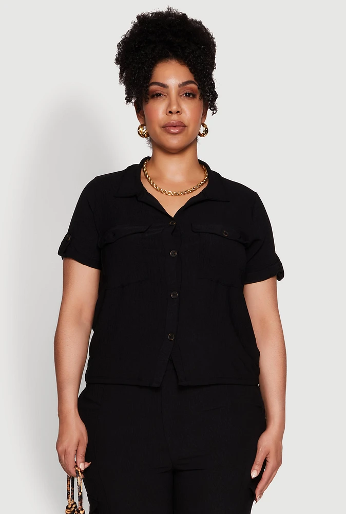 Womens Plus Tabbed Sleeve Button Front Crepe Knit Shirt,