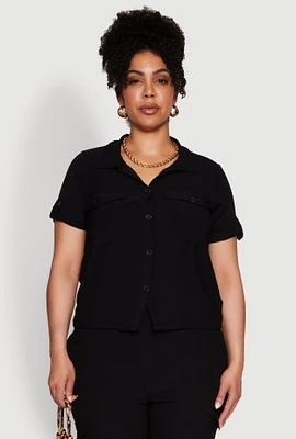 Womens Plus Tabbed Sleeve Button Front Crepe Knit Shirt,