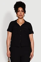 Womens Plus Tabbed Sleeve Button Front Crepe Knit Shirt,