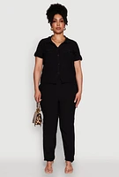 Womens Plus Tabbed Sleeve Button Front Crepe Knit Shirt,