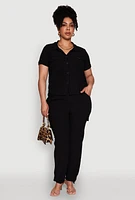 Womens Plus Tabbed Sleeve Button Front Crepe Knit Shirt,