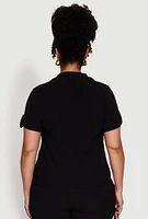 Womens Plus Tabbed Sleeve Button Front Crepe Knit Shirt,