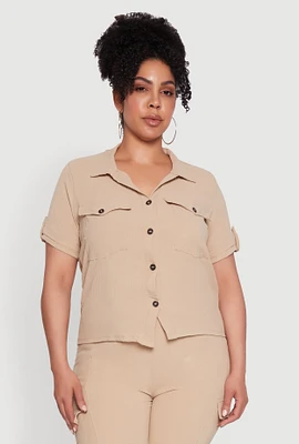 Womens Plus Tabbed Sleeve Button Front Crepe Knit Shirt,