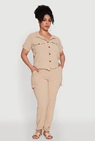 Womens Plus Tabbed Sleeve Button Front Crepe Knit Shirt,