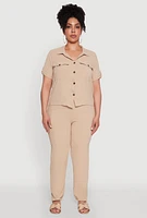 Womens Plus Tabbed Sleeve Button Front Crepe Knit Shirt,