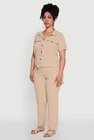 Womens Plus Tabbed Sleeve Button Front Crepe Knit Shirt,