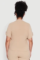 Womens Plus Tabbed Sleeve Button Front Crepe Knit Shirt,
