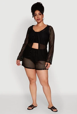 Womens Plus Trendy High Waisted Laser Cut Sheer Shorts,
