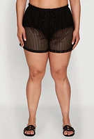 Womens Plus Trendy High Waisted Laser Cut Sheer Shorts,