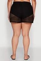 Womens Plus Trendy High Waisted Laser Cut Sheer Shorts,