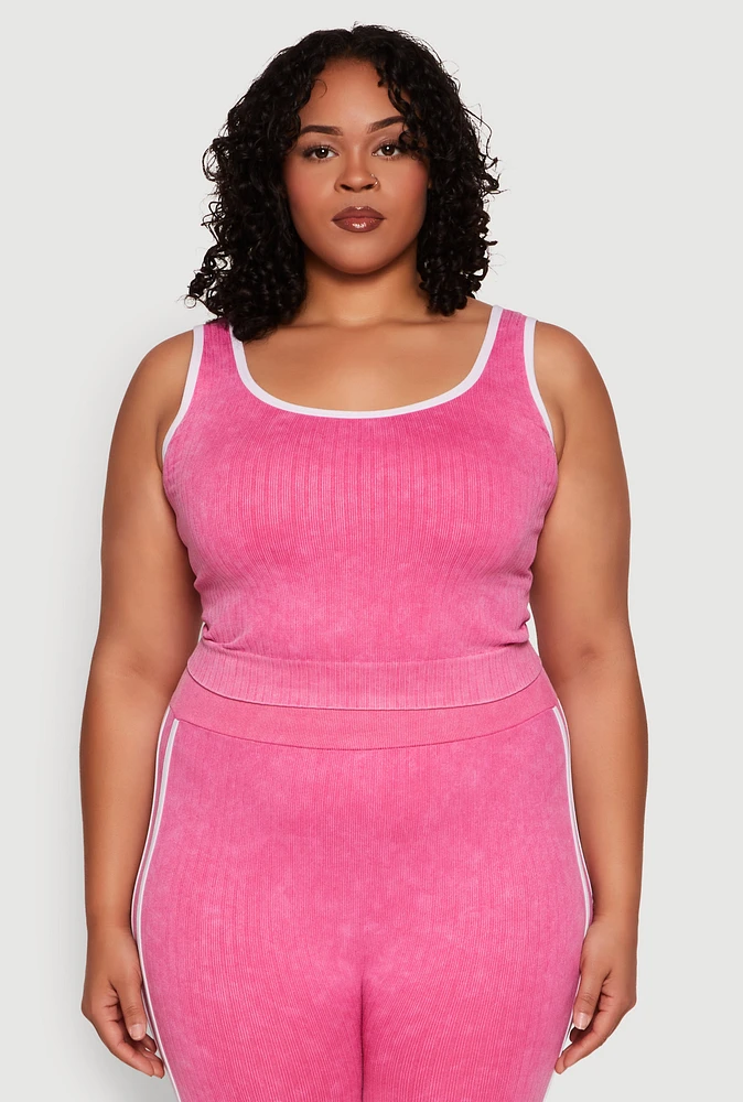 Womens Plus Size Mineral Wash Contrast Trim Crop Top, Pink, Size 1X-2X