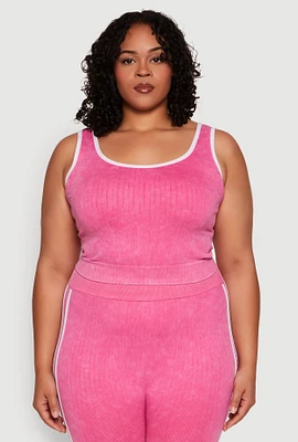 Womens Plus Size Mineral Wash Contrast Trim Crop Top, Pink, Size 1X-2X