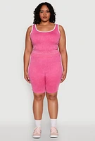 Womens Plus Size Mineral Wash Contrast Trim Crop Top, Pink, Size 1X-2X