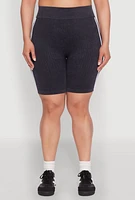Womens Plus Mineral Wash Contrast Trim Biker Shorts, 1X-2X
