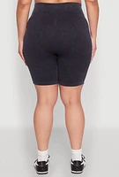 Womens Plus Mineral Wash Contrast Trim Biker Shorts, 1X-2X