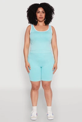 Womens Plus Size Mineral Wash Contrast Trim Biker Shorts, Blue, Size 2X-3X