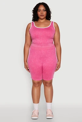 Womens Plus Size Mineral Wash Contrast Trim Biker Shorts, Pink, Size 2X-3X