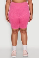 Womens Plus Size Mineral Wash Contrast Trim Biker Shorts, Pink, Size 2X-3X