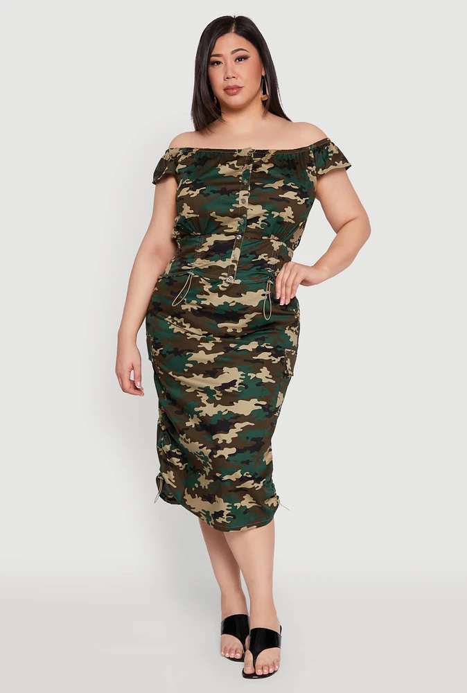 Womens Plus Size Camouflage Off the Shoulder Top and Cargo Skirt, Green, Size 1X