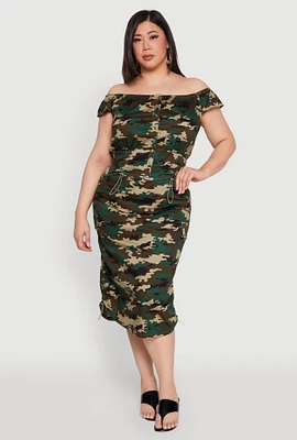 Womens Plus Size Camouflage Off the Shoulder Top and Cargo Skirt, Green, Size 1X