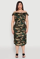 Womens Plus Size Camouflage Off the Shoulder Top and Cargo Skirt, Green, Size 1X